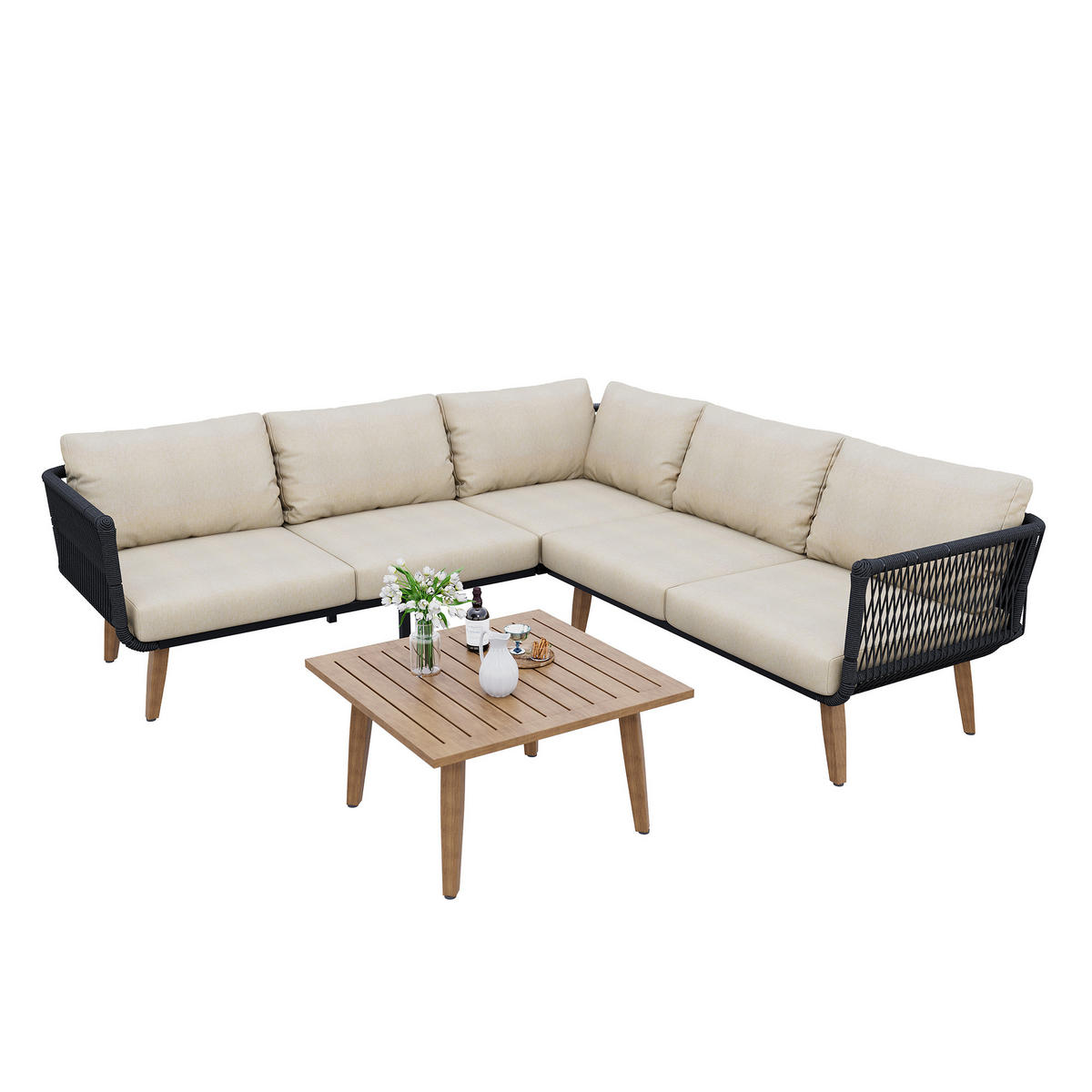 LOUNGESET Beige+Schwarz Mit Sofa Couchtisch Olefin - Beige, Kunststoff - FLIEKS