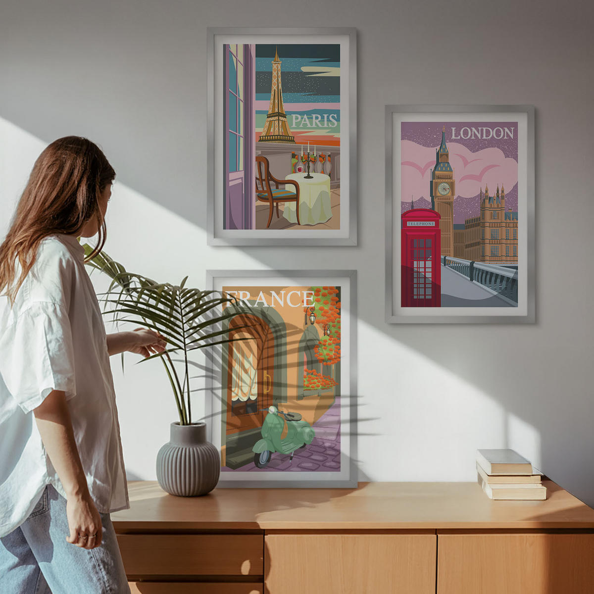 WANDBILDER 3er Set - 40x60 cm Silberner Rahmen - Ansichten Paris London Retro - Silberfarben, Kunststoff (40/60cm) - ArtPrintCave