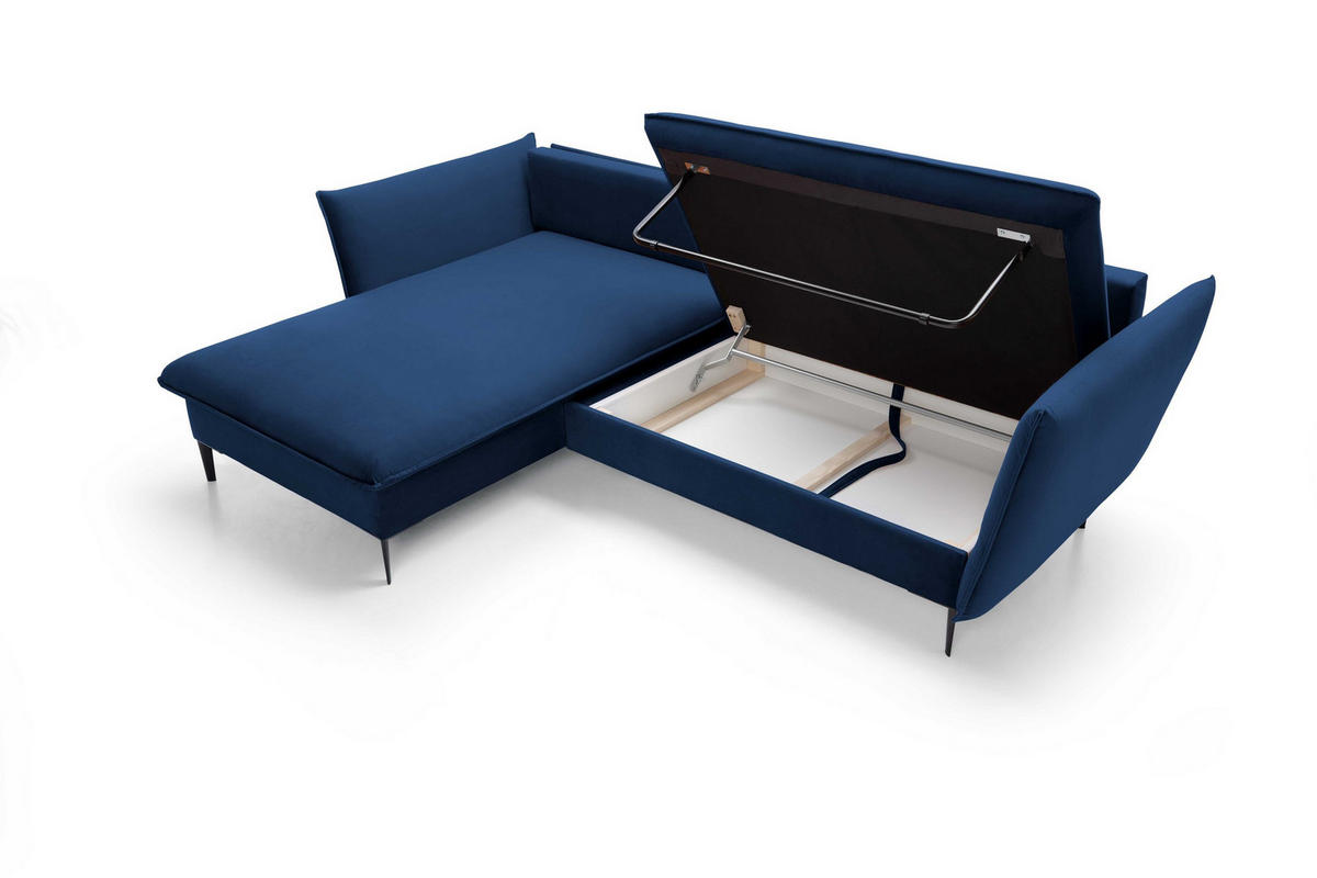 ECKSOFA SOLE Blau Plüsch-Stoff mit Schlaffunktion - Blau, Holz (258/167cm) - MASSENO