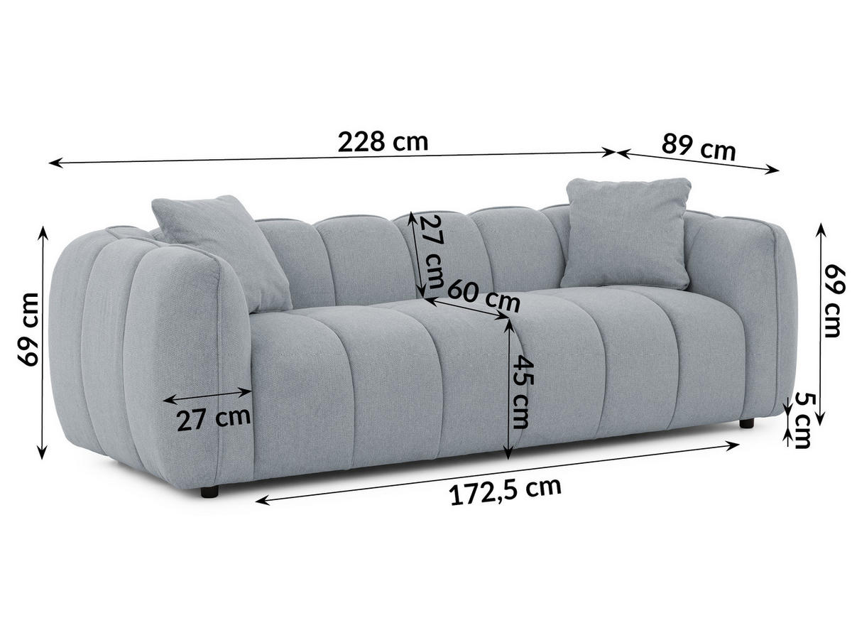 3-SITZER SOFA Nubira in tief gesteppter Bubble-Optik aus weichem Grau Strukturstoff im modernen Design - Schwarz/Grau, Holz/Kunststoff (228/69/89cm) - S-Style Möbel