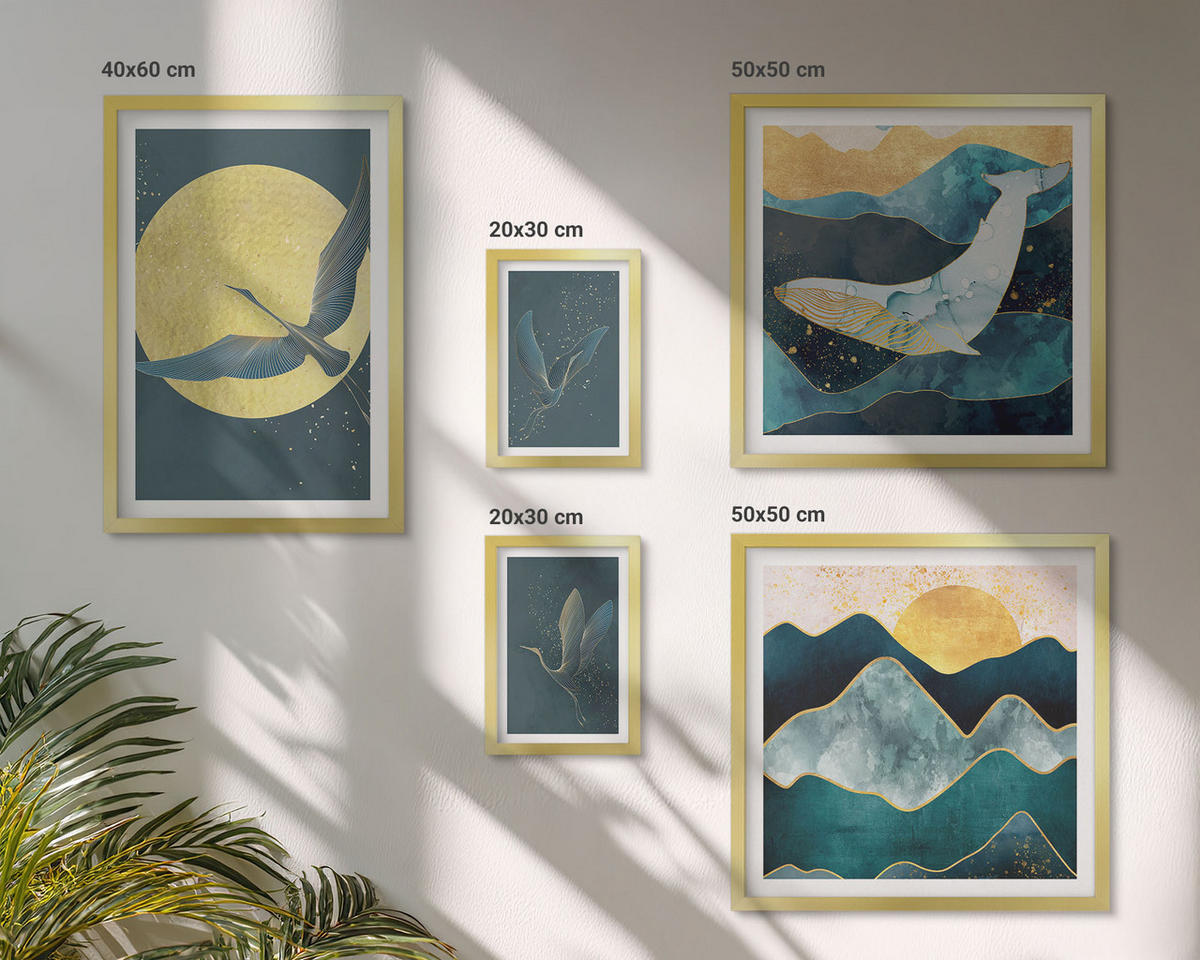 WANDBILDER 5er Set - 50x50 cm & 20x30 cm & 40x60 cm Goldrahmen - Vögel, Kraniche, Mond, Berge - Goldfarben, Kunststoff (40/60cm) - ArtPrintCave