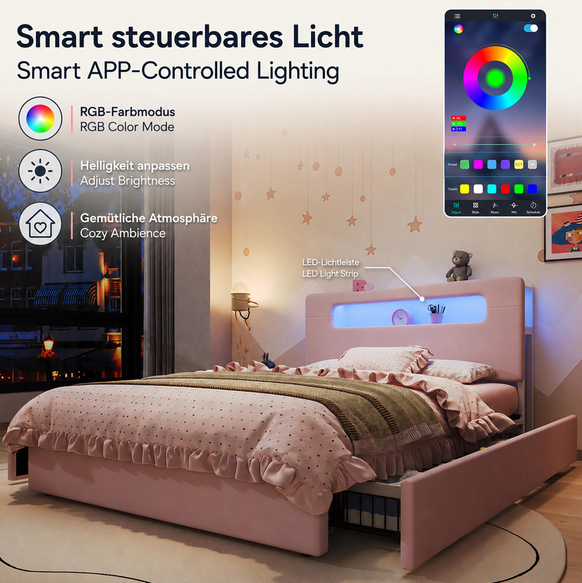 KINDER-POLSTERBETT Samt 140x200 cm Rosa mit 4 Schubladen, LED-Beleuchtung und offenem Kopfteil - Pink, Textil (140/200cm) - Modfu