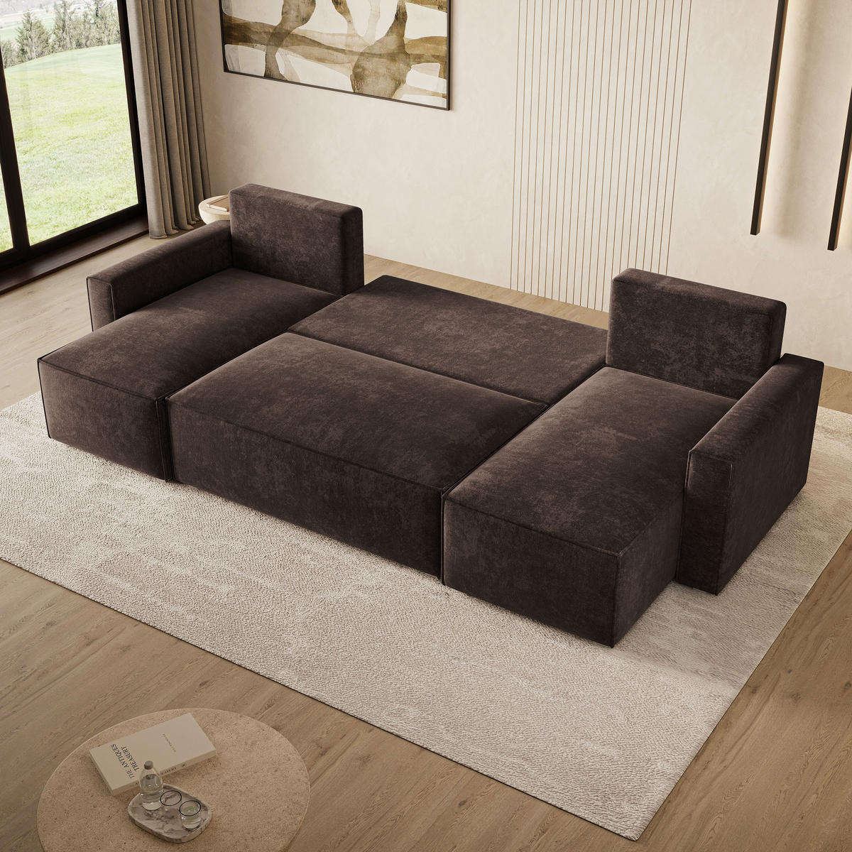 WOHNLANDSCHAFT ASPRA LM Braun Chenille mit Schlaffunktion - Dunkelbraun, Holz (295/85/140cm) - MASSENO