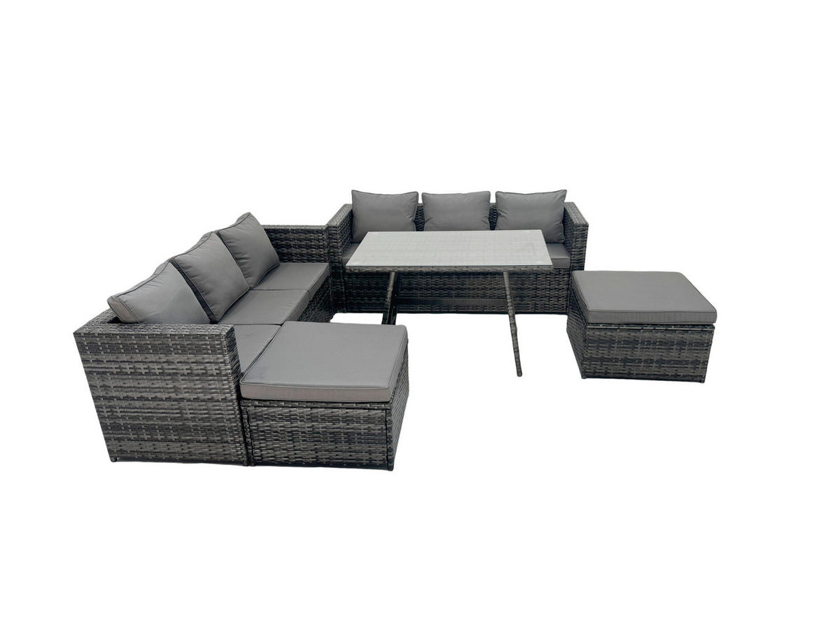 GARTENSET mit Esstisch 2 Großer Fußhocker Polyrattan 8-Sitzer - Dunkelgrau/Grau, Glas/Kunststoff - Fimous