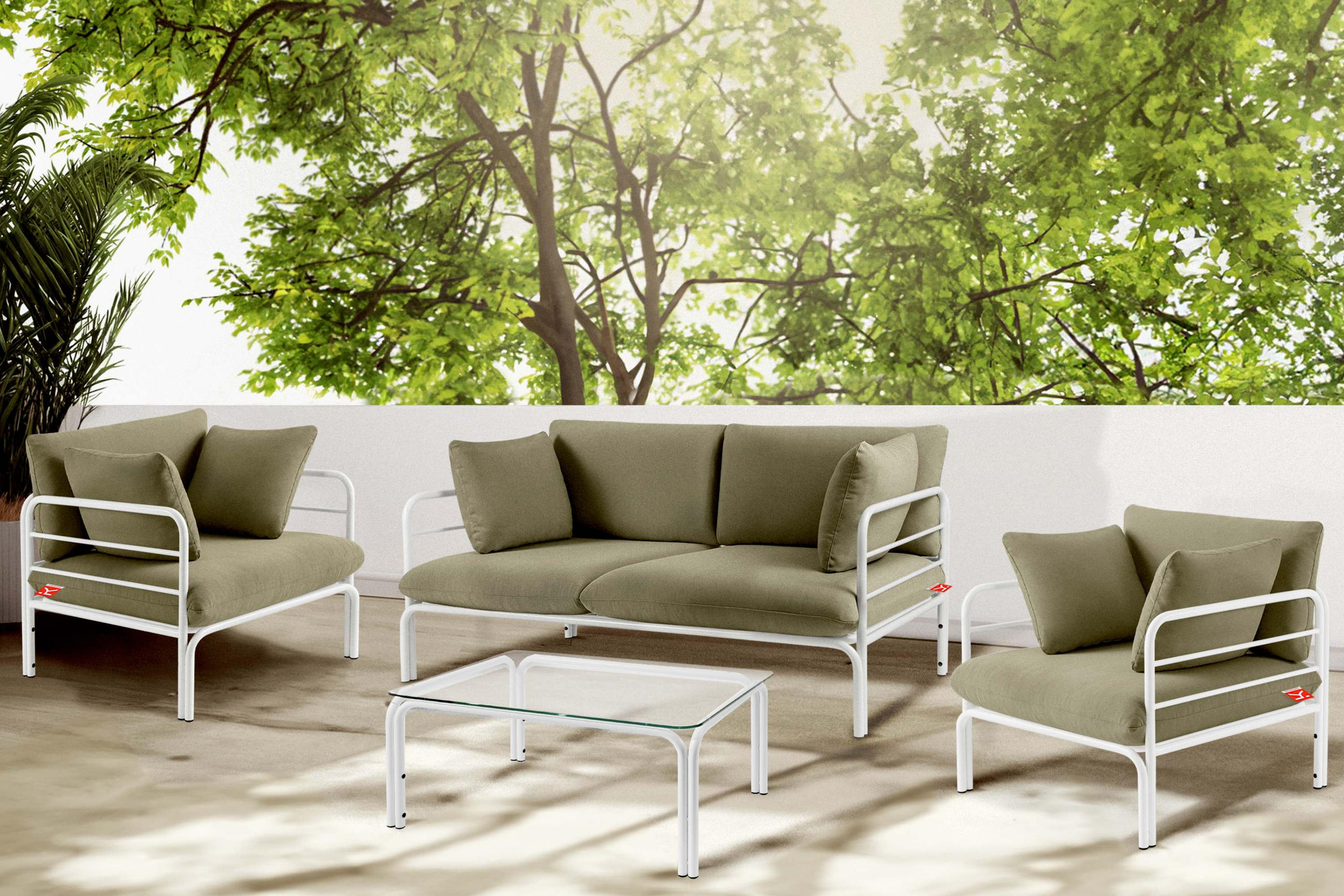 GARTENMÖBELSET RAMBE 4-tlg. 1x Tisch 2x Sessel 1x Sofa 2-Sitzer, mit Kissen, LOFT-STIL, Weiß/Cremeweiß - Weiß/Grau, Textil/Metall - KONSIMO®