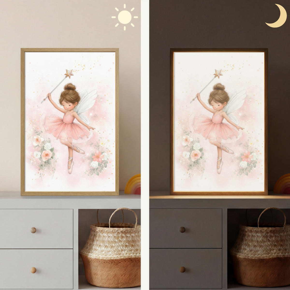 NÁSTĚNNÁ LAMPA S AKUMULÁTOREM Baletka - Víla - Květiny - Růžová 40x60 cm - růžová, kompozitní dřevo (40/60/8cm) - OnlyWow