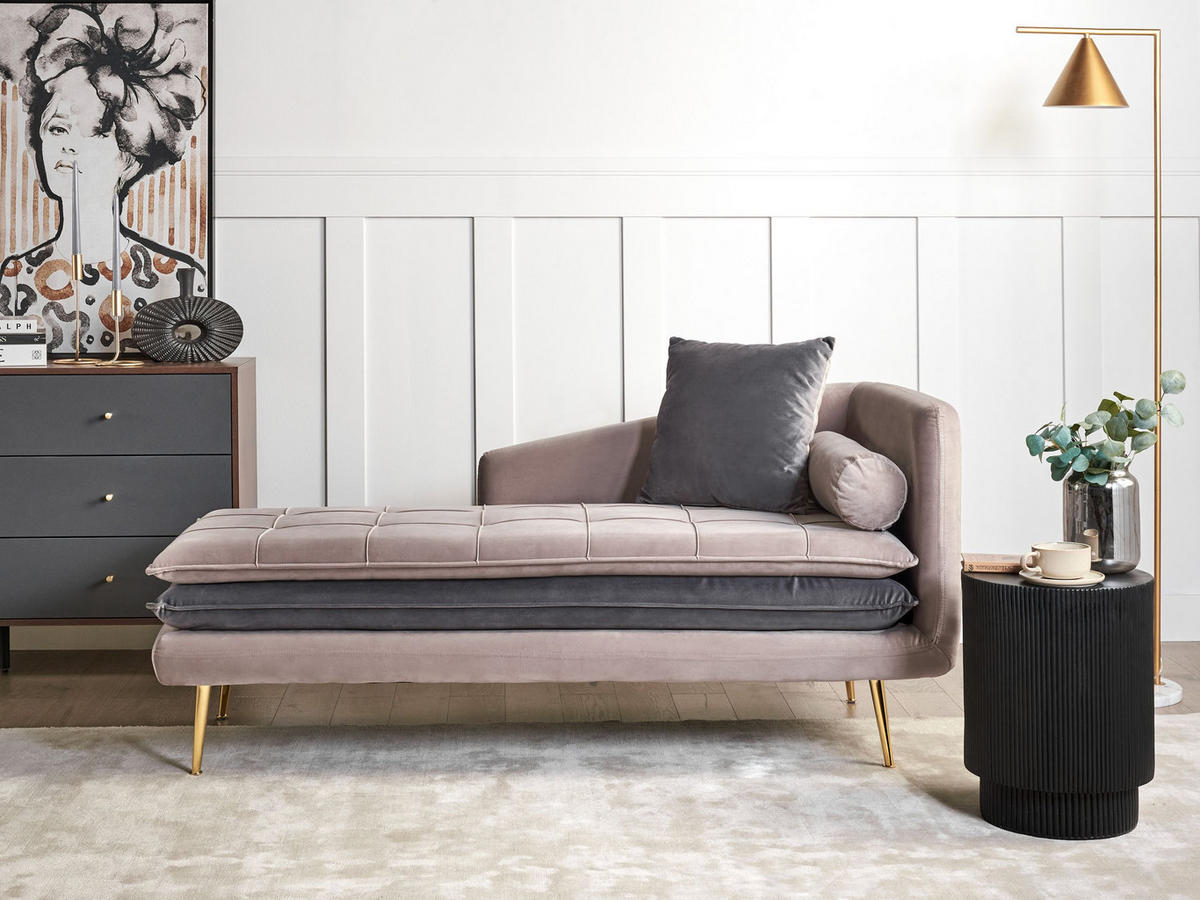 ČALOUNĚNÉ LEHÁTKO CHAISE LONGUE PRAVOSTRANNÉ Sametová látka Taupe Gonesse - šedá/zlatá, textil (160/72/79cm) - Beliani