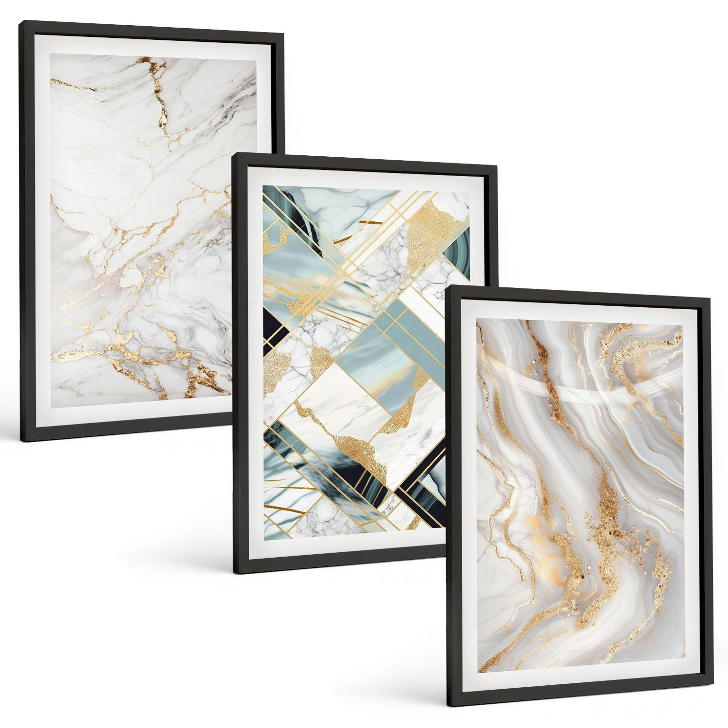 BILDER SET 3er Set - 40x60 cm Schwarzer Rahmen - Elegante Marmormuster - Schwarz, Kunststoff (40/60cm) - TULUP