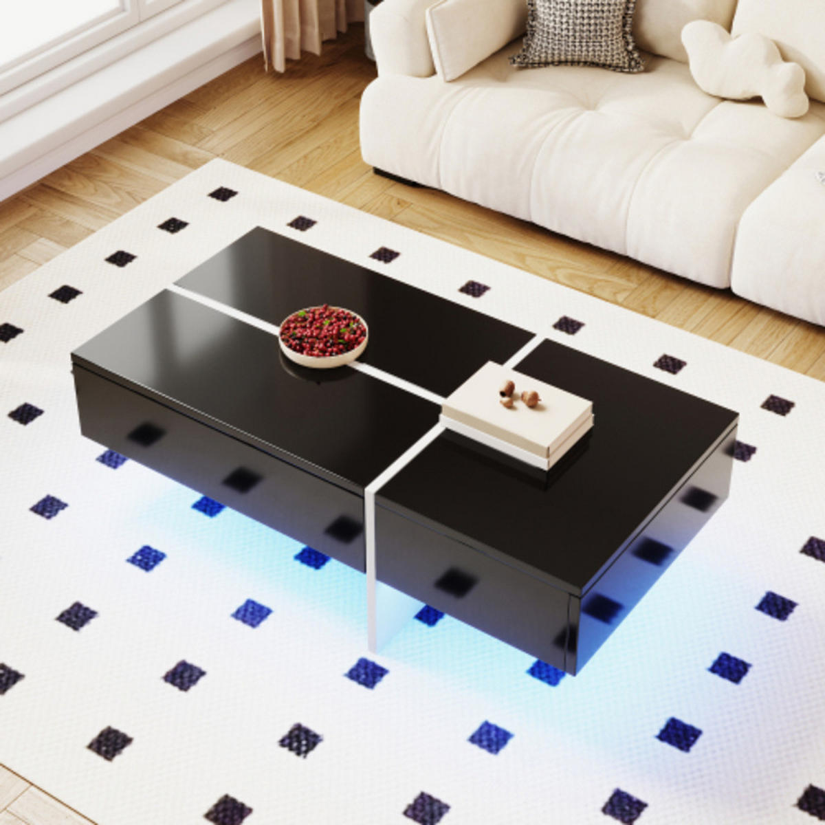COUCHTISCH Schwarz mit Hochglanzoberfläche & App-gesteuerter LED-Beleuchtung 100×50×34,5 cm aus Spanplatte - Schwarz, Holzwerkstoff (50/100/34.5cm) - Luhomfu