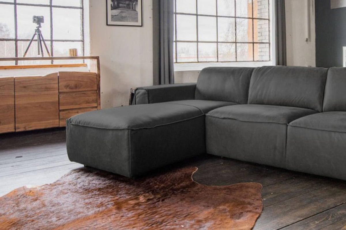 ECKSOFA EXTRA Grau Leder - Schwarz/Grau, Leder (278/170cm) - KAWOLA