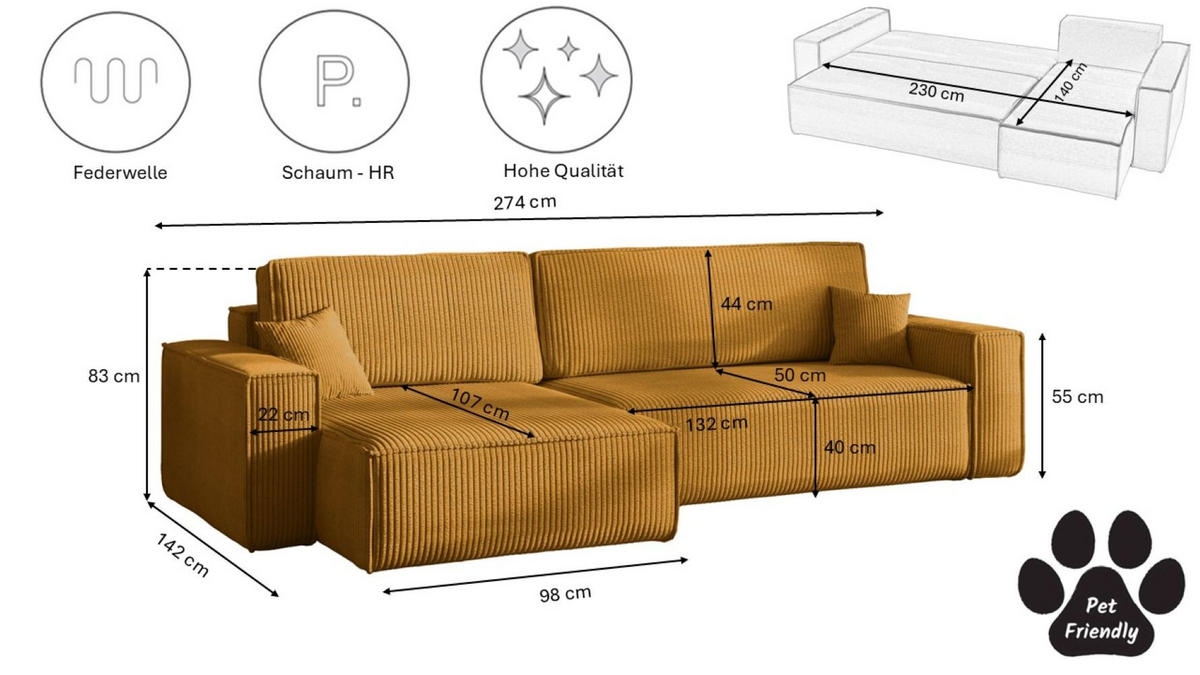 ECKSOFA Mit Schlaffunktion Und Bettkasten, Eckcouch BEST XL Stoff Poso Dicker Cord Senffarbe Links - Schwarz/Orange, Holz/Kunststoff (142/274cm) - Kaiser Möbel