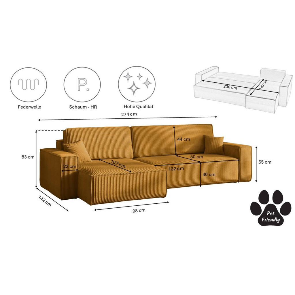 Thumbnail - Kaiser Möbel Ecksofa, Orange, Holz, 5-Sitzer, L-Form, 274x142 cm, Wohnzimmer, Sofas & Couches, Wohnlandschaften, Ecksofa...