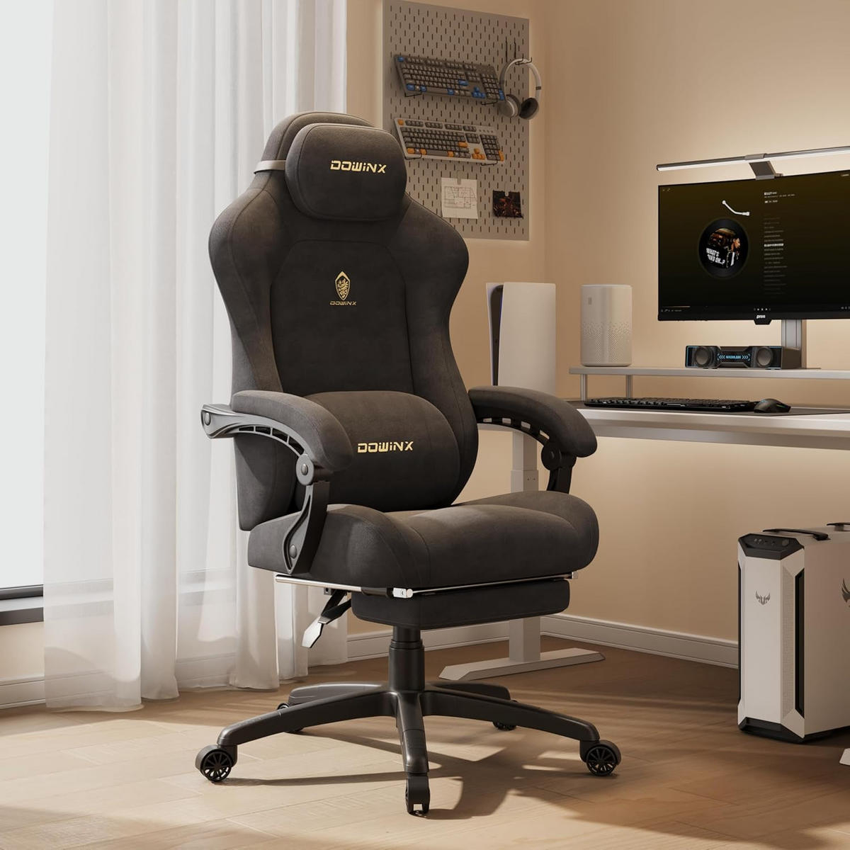 GAMING-STUHL Mikrofaser-Velours & Lendenkissen, Fußstütze 160° Neigbar - Grau, Leder (70/132/70cm)