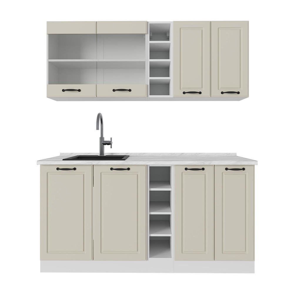 SINGLEKÜCHE R-Line, Sand Landhaus/Weiß, 160 cm Arbeitsplatte Marmor - Beige/Weiß, Holzwerkstoff (160/81.6/60cm) - Vicco