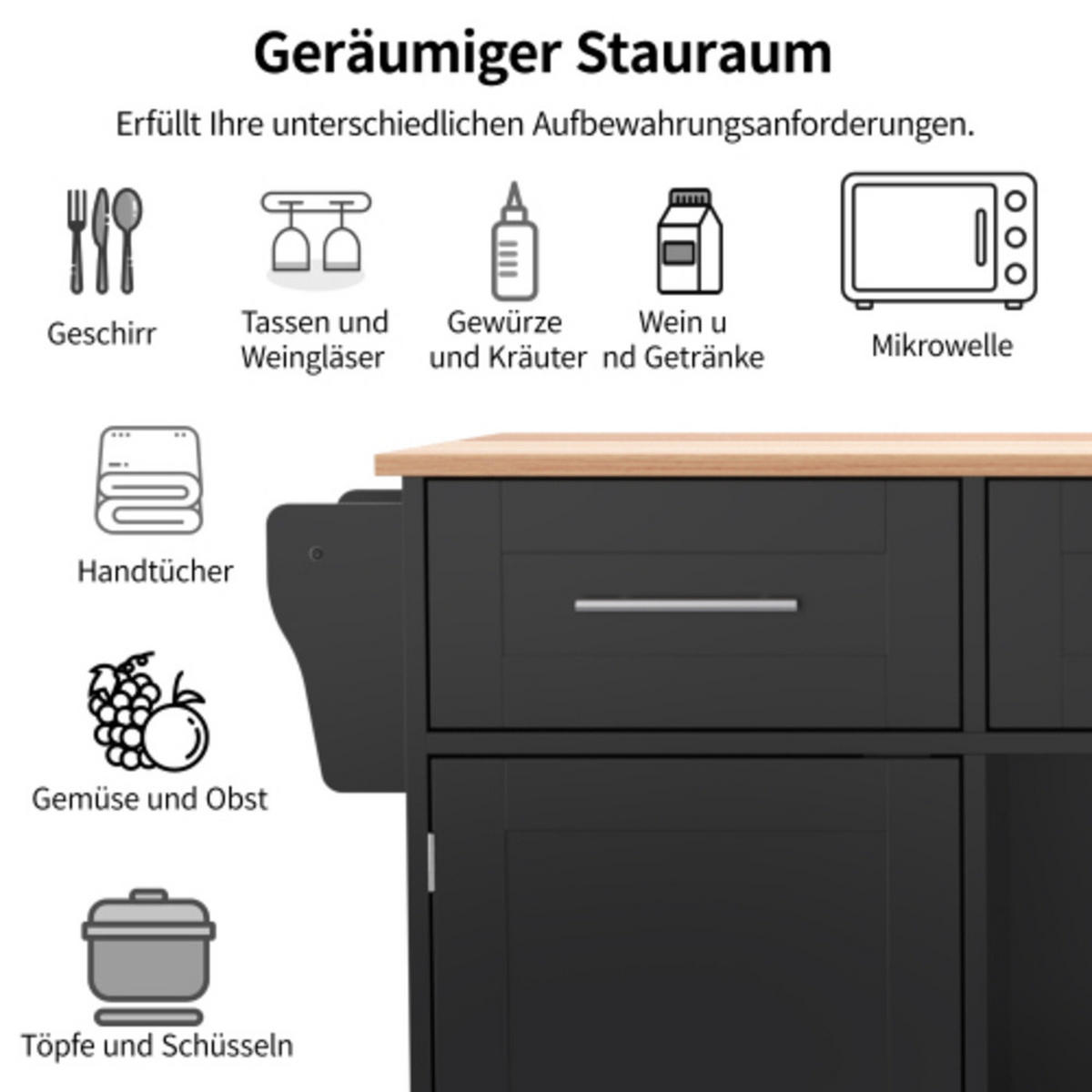 KÜCHENINSEL schwarz aus MDF mit klappbarer Erweiterungsplatte 139 × 46 × 91,5 cm - Schwarz, Holzwerkstoff (139/91.5/71cm) - Luhomfu