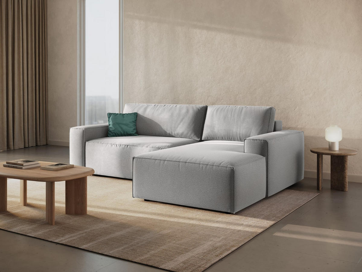 AUSKLAPPBARES-ECKSOFA rechts mit Container Jodie aus strukturiertem Stoff hellgrau 3 Sitzplätze - Hellgrau, Textil (246/151cm) - Micadoni
