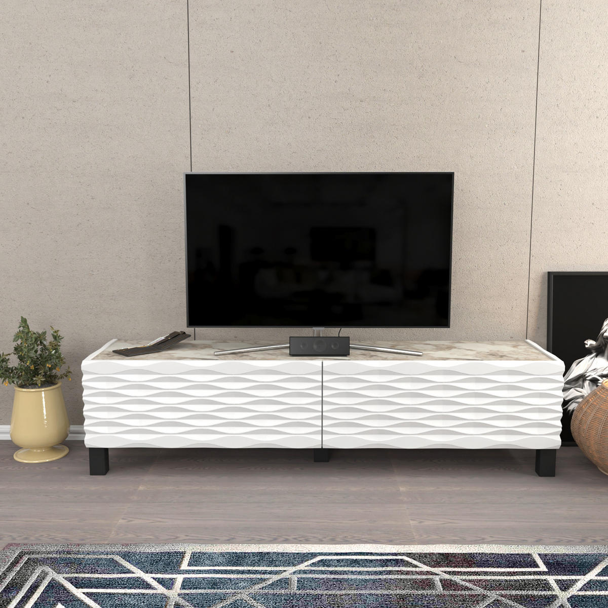 TV-ELEMENT Lerze White Marmor Weiss - Weiß, Holzwerkstoff (149.2/38/35cm)