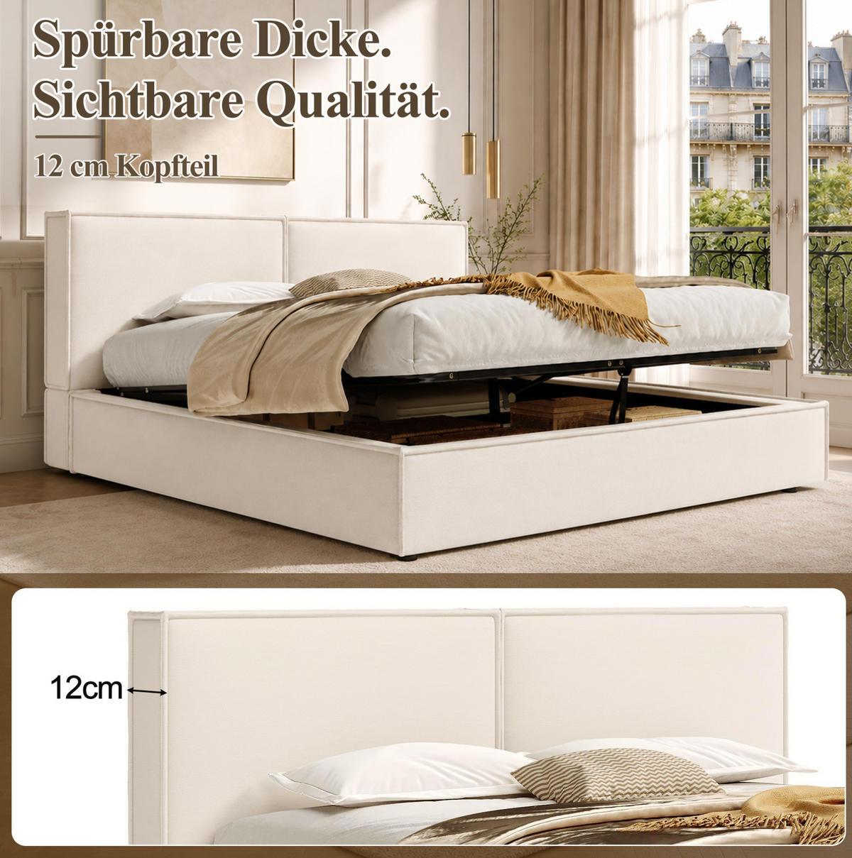 POLSTERBETT aus Leinen 180x200 cm Beige mit hydraulischem Bettkasten und Lattenrost - Beige, Textil (180/200cm) - Modfu