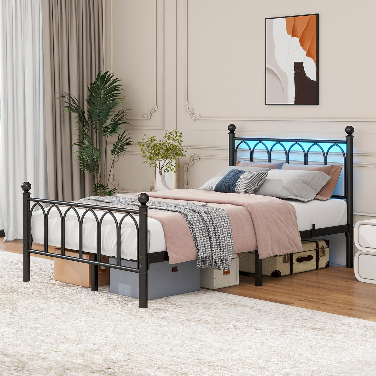 METALLBETT 120x200 cm LED USB schwarz - Schwarz, Metall (120/200cm) - LEBENLANG