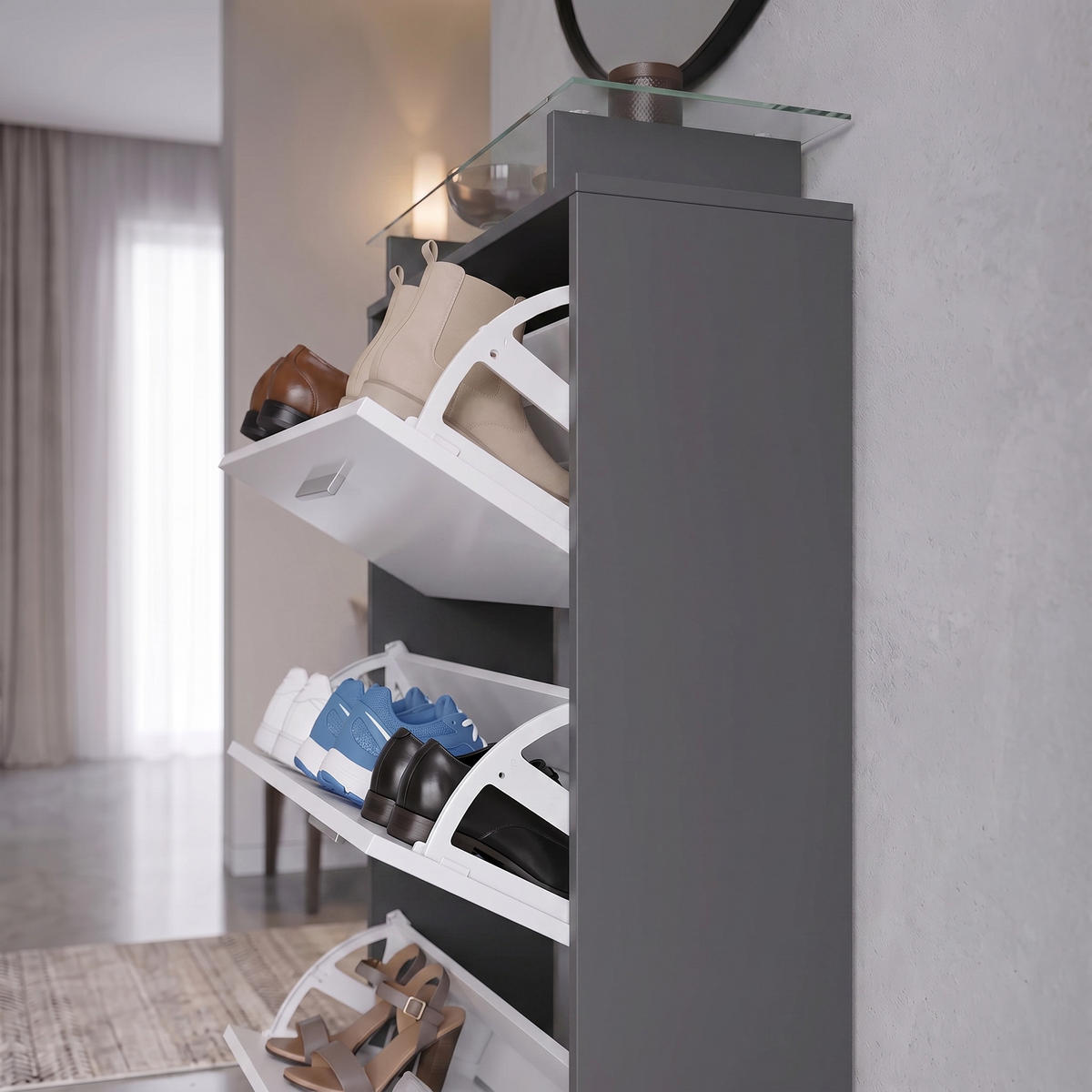 SCHUHSCHRANK Lavia Front in Grau Hochglanz - Grau, Holzwerkstoff (89/128/23cm) - Vladon