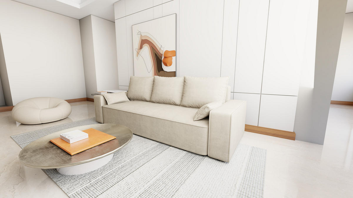 SOFA Veno mit Bettkasten und Schlaffunktion, Velourstoff - Beige, Holzwerkstoff (242/85/95cm)