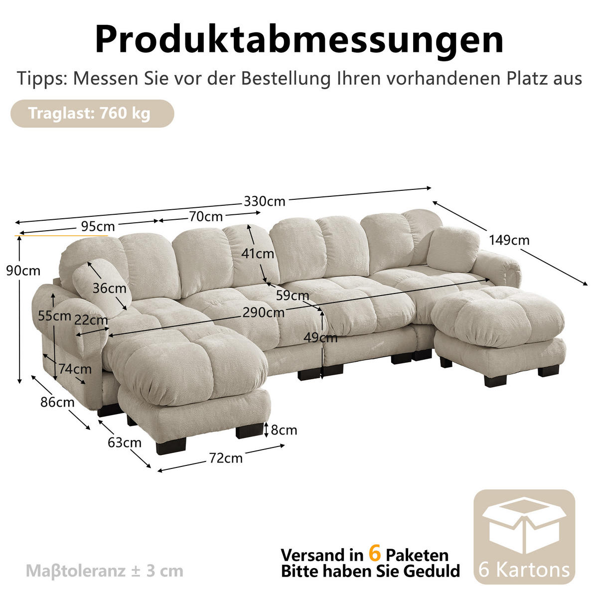 WOHNLANDSCHAFT DE-34384 U-Form mit 2 Ottomans und Steppdesign Hellkhaki - Sandfarben, Textil (149/90/330cm) - ComfortXL