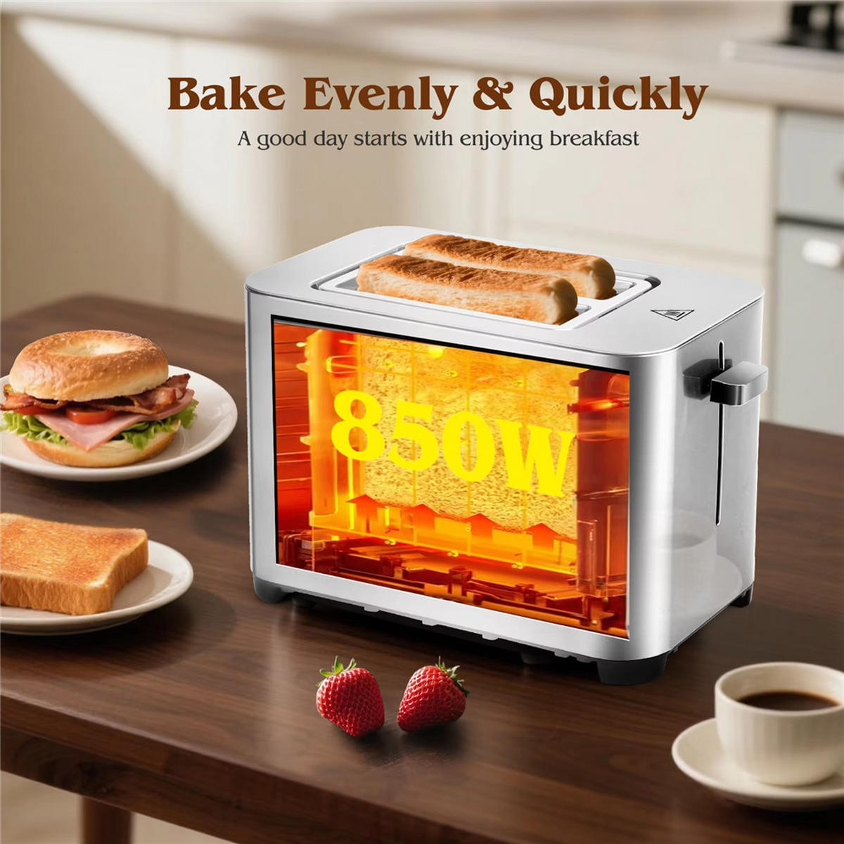 TOASTER 2 Scheiben LED Touch 6 Stufen Edelstahl 850W - Silberfarben, Metall (26/18.2/16cm) - Kaket