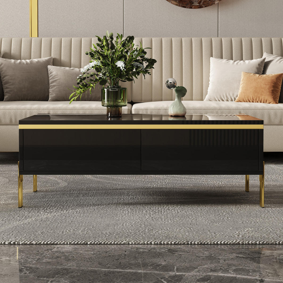 COUCHTISCH 100/50 cm mit beidseitigen Schubladen und Hochglanzoberfläche - Schwarz, Holzwerkstoff (100/50/36cm) - BEAOK