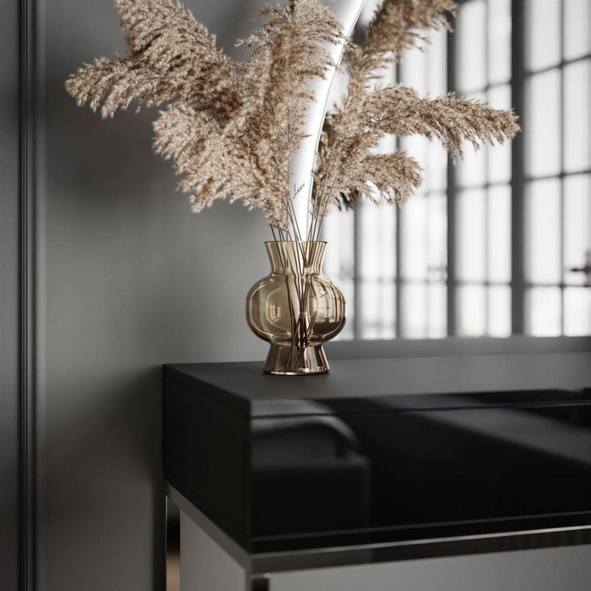 SCHMINKTISCH schwarz QUINNIE GLAMOUR mit LED-Spiegel links PUSH OPEN - Silberfarben/Schwarz, Holzwerkstoff (100/176/42cm) - Lookway