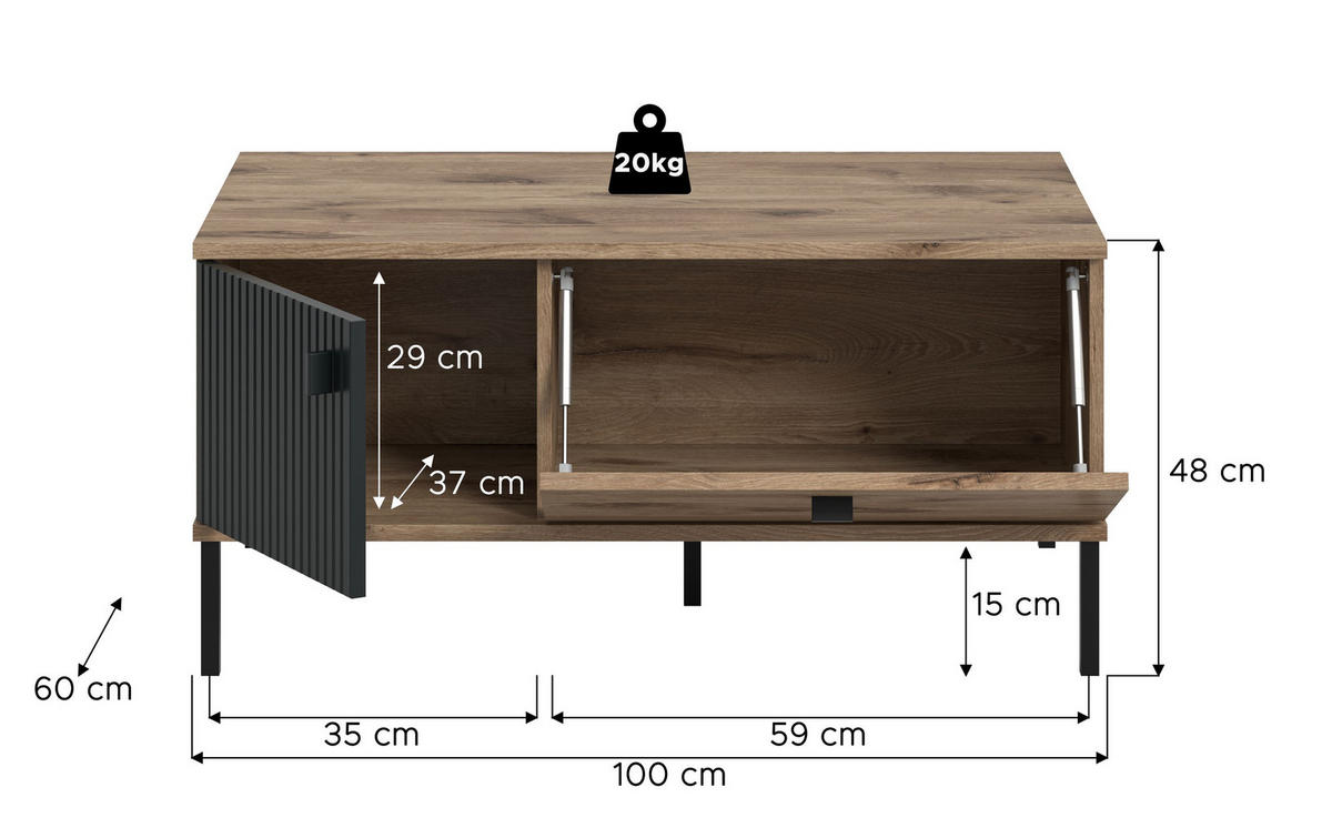 COUCHTISCH CHESS (B/H/T: ca. 100/48/60 cm) in Nox Oak Nachbildung/schwarz - Eichefarben, Holzwerkstoff (60/100/48cm)