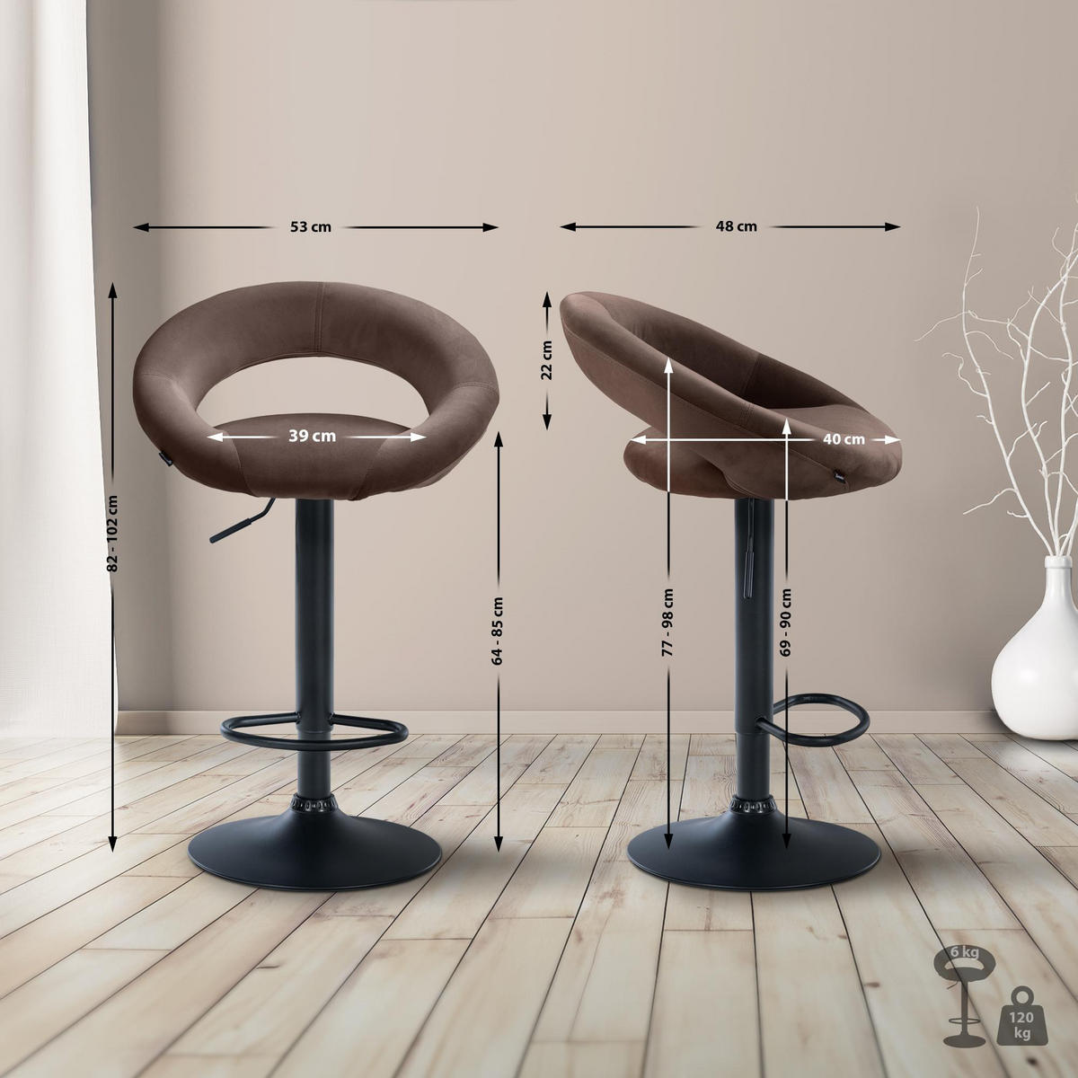 BARHOCKER Samt braun - Schwarz/Braun, Textil/Metall (53/80/47cm) - CLP