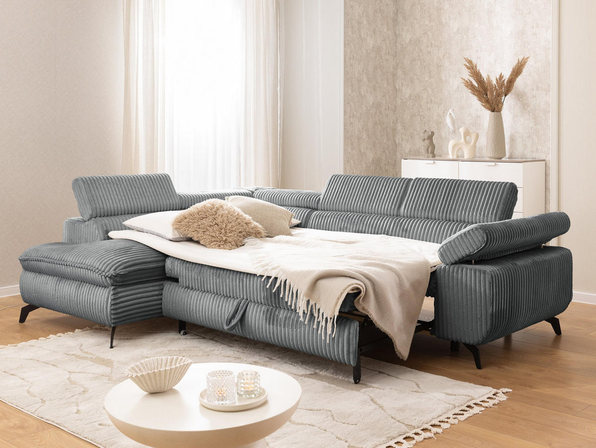 ECKSOFA mit Schlaffunktion und Bettkasten Bonnie aus Grau Cord-Stoff mit verstellbaren Kopfstützen und Armlehne - Ottomane links - Schwarz/Grau, Holz/Textil (275/210cm) - S-Style Möbel