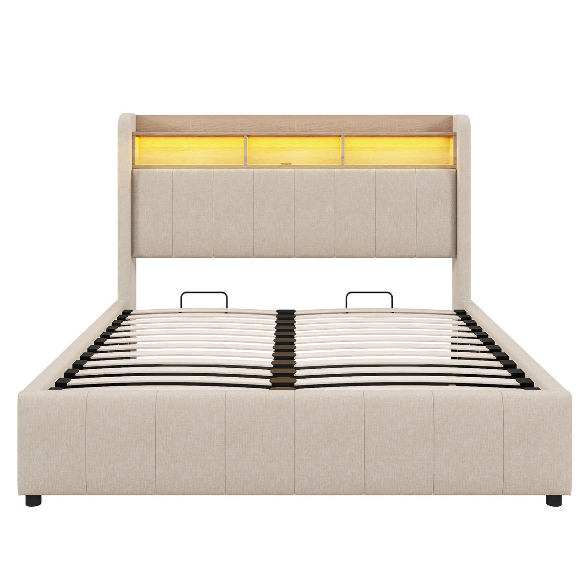POLSTERBETT 160/200 cm in Beige Leinen mit Bettkasten, LED, USB und Type-C - Beige, Holzwerkstoff/Textil (160/200cm) - WISHDOR