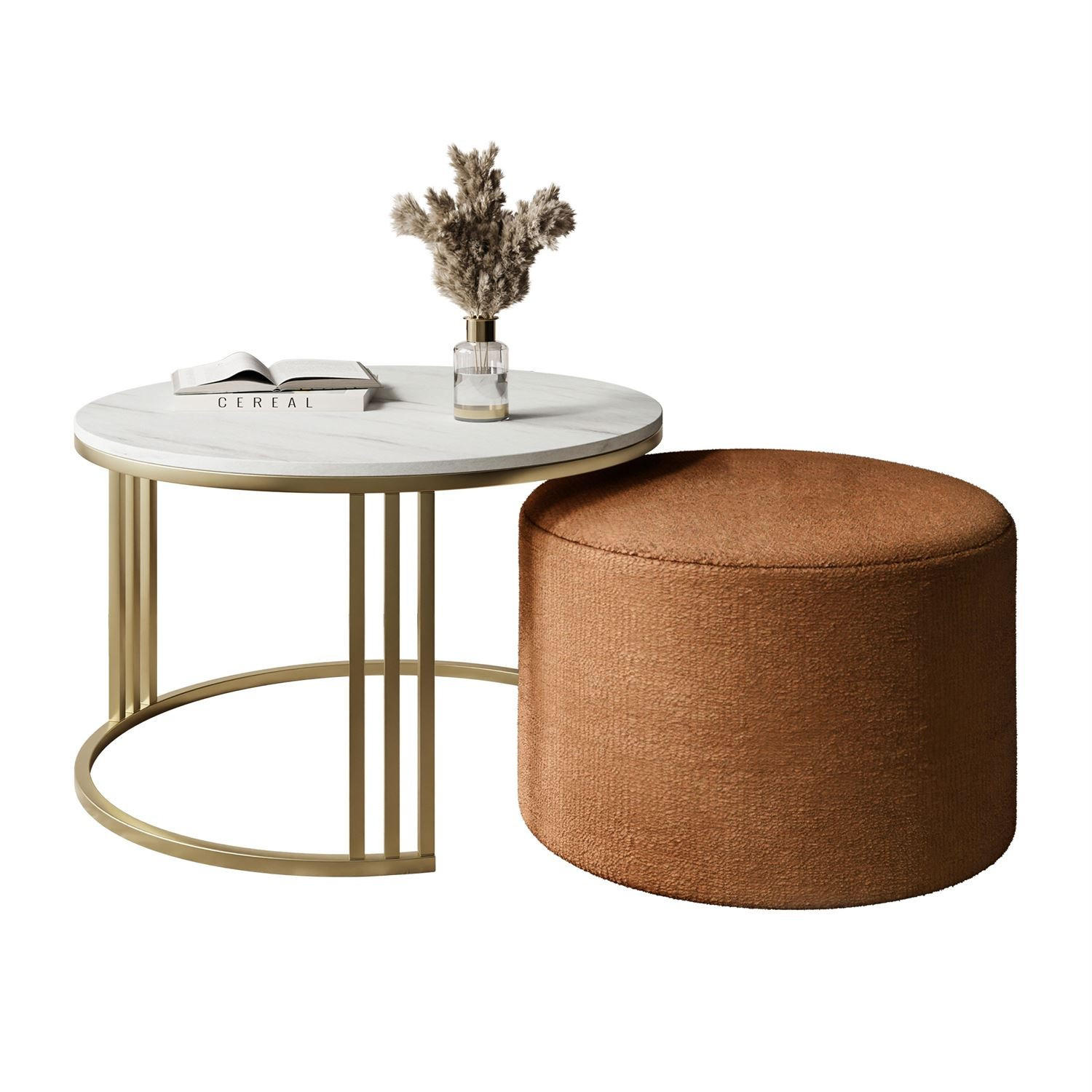 COUCHTISCH mit Hocker LORI MAT gebürstetes Gold/Marmor Levanto/Perfect Harmony 52 - Weiß, Metall (70/70/49cm) - Lookway