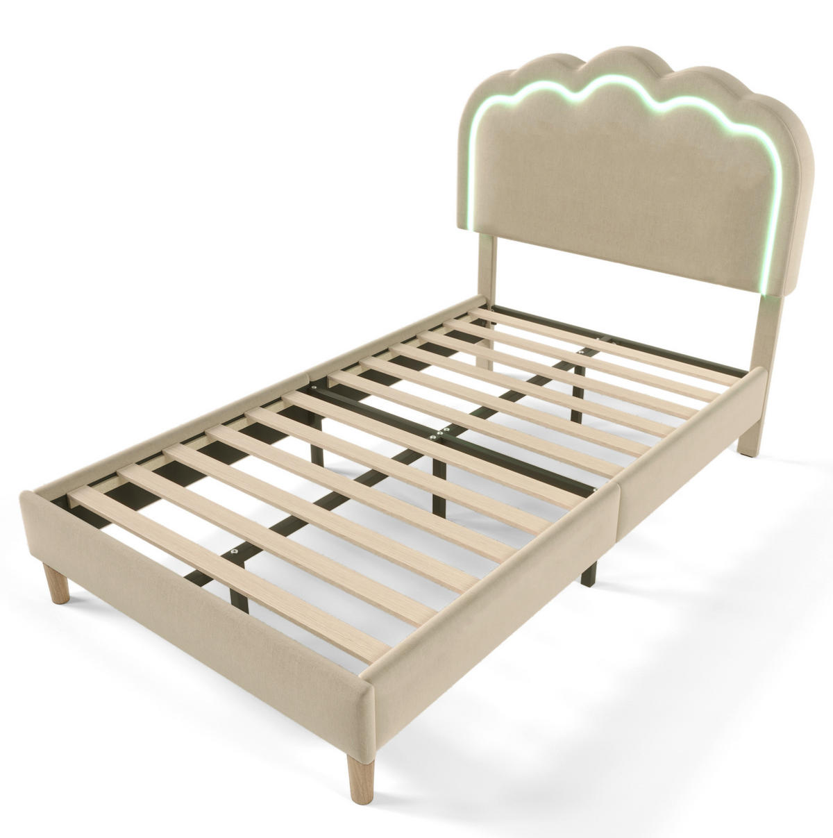 POLSTERBETT 90/190 cm Beige mit LED-Beleuchtung und verstellbarem Kopfteil - Beige, Textil (90/200cm) - OKWISH