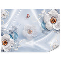 FOTOTAPETE für Schlafzimmer Blumen Perlen Schmetterlinge Blau 450x315 - Blau/Gelb, Papier (450/315cm) - Muralo