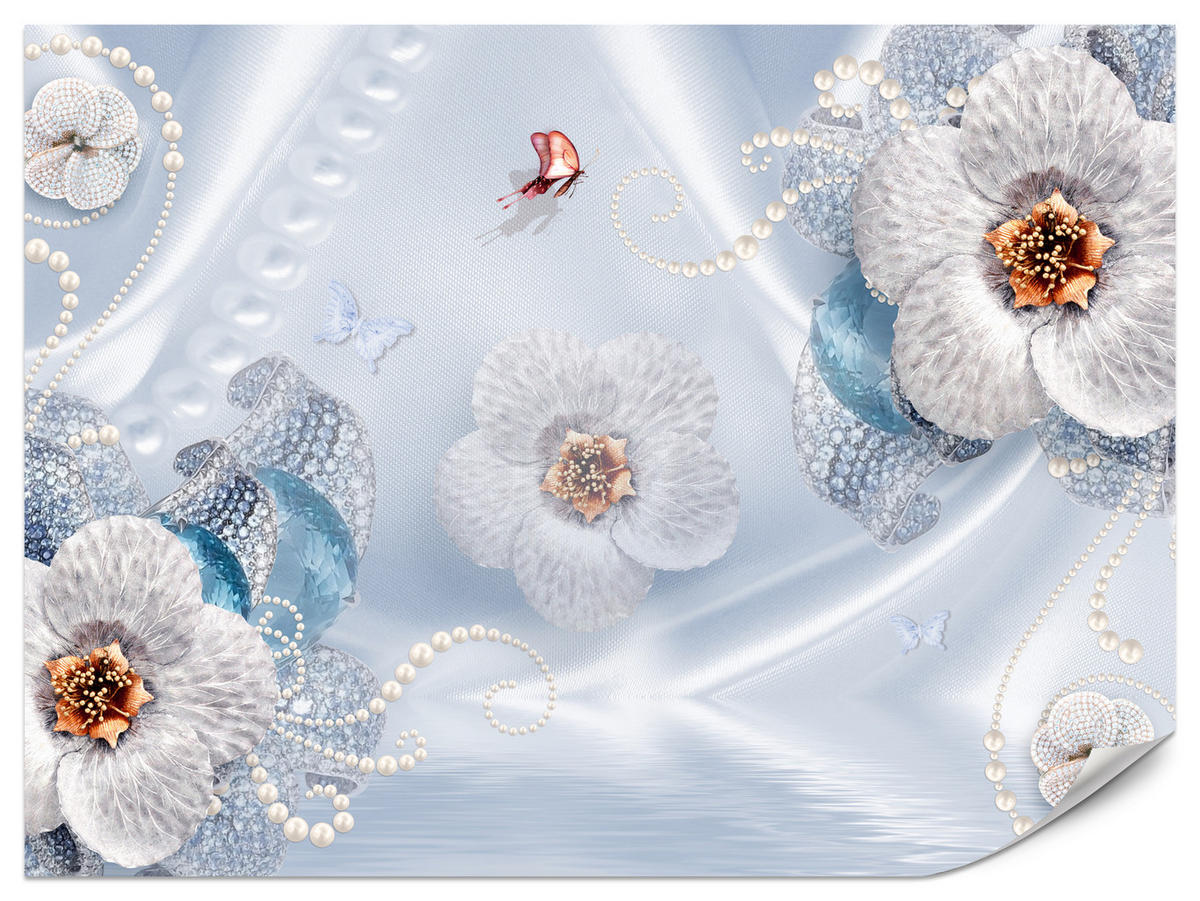 FOTOTAPETE für Schlafzimmer Blumen Perlen Schmetterlinge Blau 450x315 - Blau/Gelb, Papier (450/315cm) - Muralo