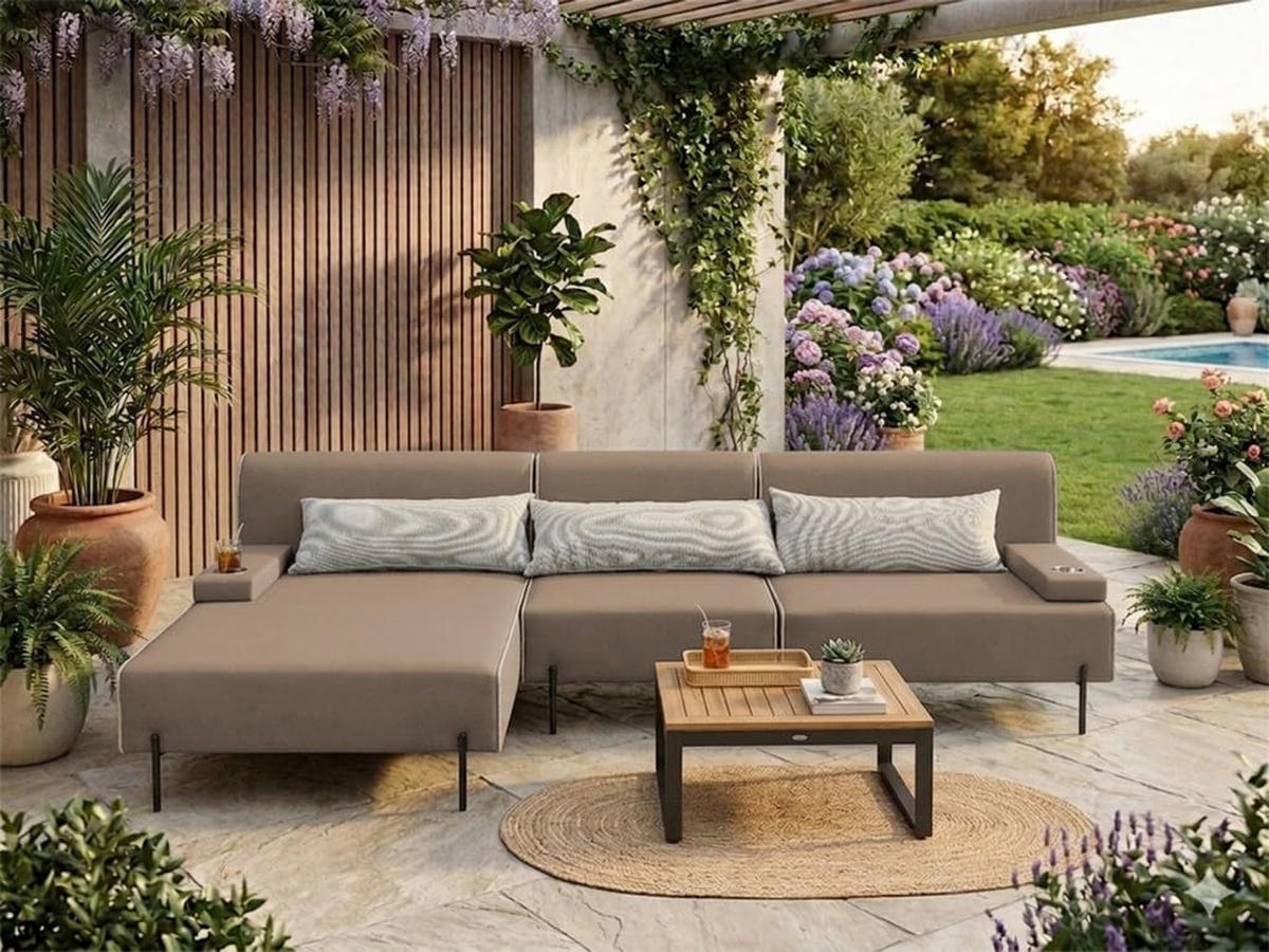 GARTENSOFA BORNEO S Wetterfest 300x170x86 cm, Links, Solide Konstruktion, HR-Schaumfüllung, Wetterfeste Bezugstoff, Beige - Beige, Holz/Metall (300/86/170cm) - Trada