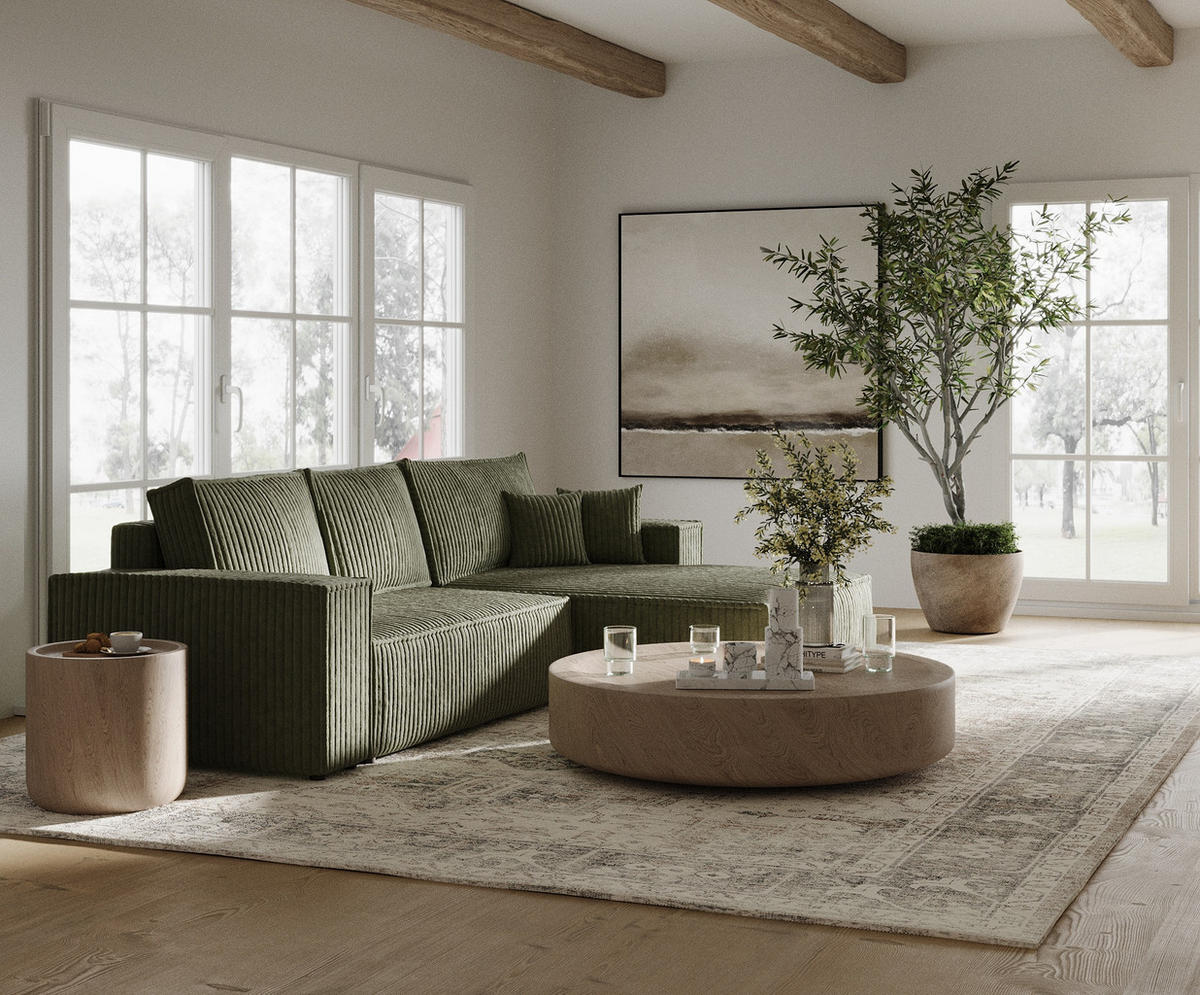 ECKSOFA Maze Grün Plüsch - Rechts Seite - Schwarz/Grün, Holz/Holzwerkstoff (294/185cm) - Maison de Reve