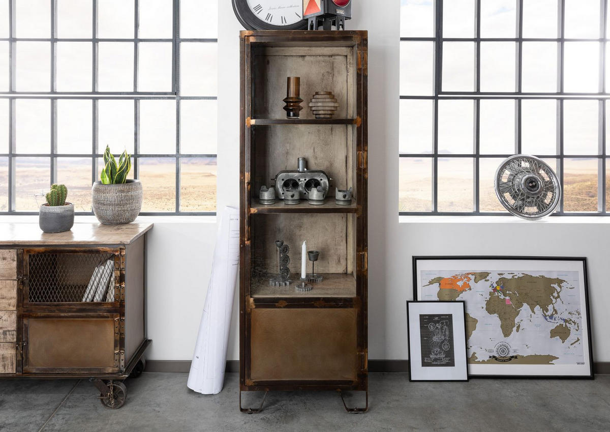 VITRINE Mango 60x40x180 braun lackiert HEAVY INDUSTRY #240 - Braun, Holz (60/180/40cm) - Massivmoebel24