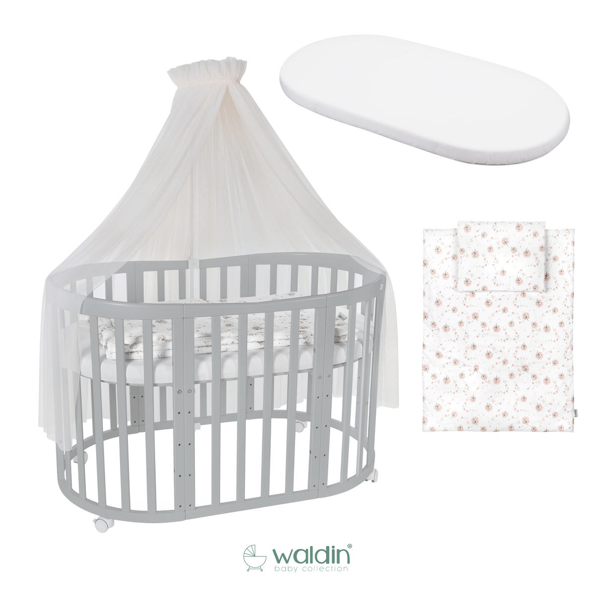 BABYBETT GREY OVAL 7in1 mit Matratze und Himmelset - Champagner/Grau, Holz/Textil