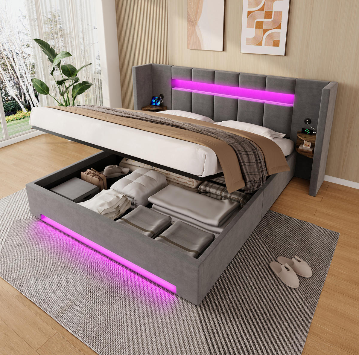 POLSTERBETT 160/200 cm mit USB-Anschlüssen, LED-Beleuchtung, Hydraulik-Stauraum und Seitenschränken, Dunkelgrau - Dunkelgrau, Textil (160/200cm) - Redom