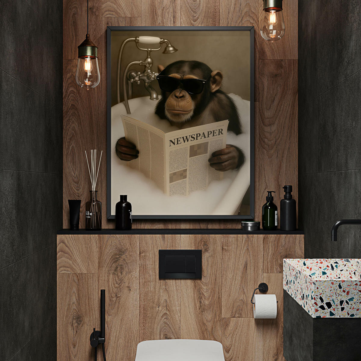 POSTER für Badezimmer WC SCHIMPANSE in Badewanne Affe mit Zeitung Abstraktion 30x40cm - Beige/Schwarz, Papier (30/40/40cm) - Muralo