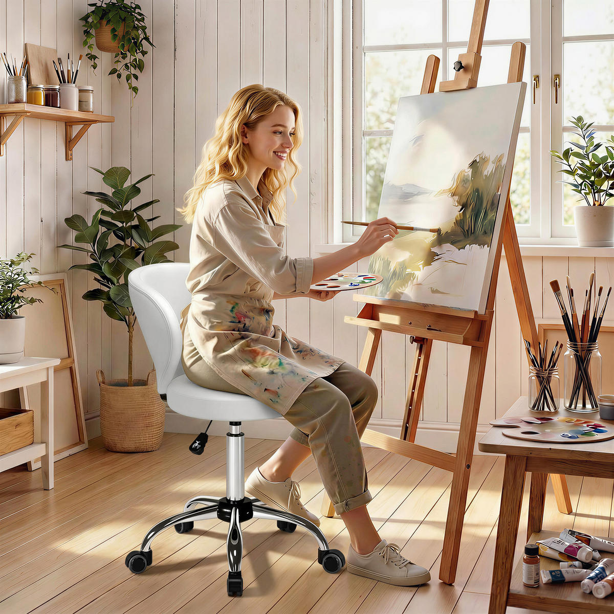 BÜROHOCKER DE-18038 höhenverstellbar 73-88 cm, gepolstert Weiß - Weiß, Metall (45/88/54cm) - ComfortXL