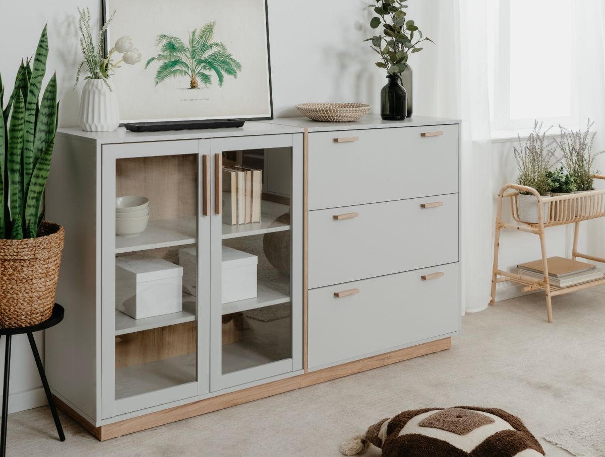 SIDEBOARD grau, Hickory Walnuss 163 cm, Kommode mit Glastüren - Walnussfarben/Grau, Glas/Holzwerkstoff (162.5/94/40cm) - Furn.Design