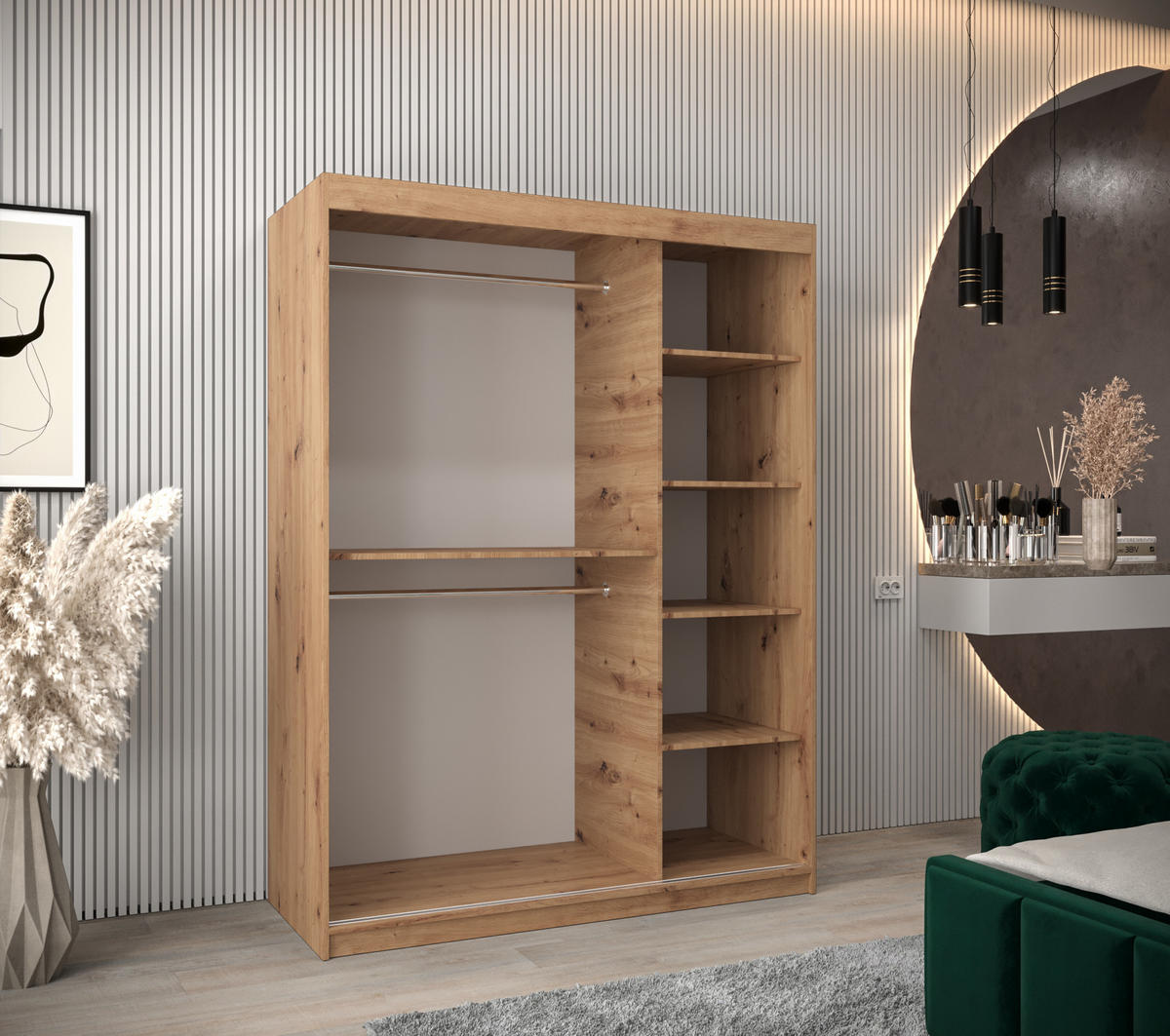 SCHWEBETÜRENSCHRANK 200/150/62 2-türig - Silberfarben/Weiß, Holz/Kunststoff (150/200/62cm) - Abiks Möbel