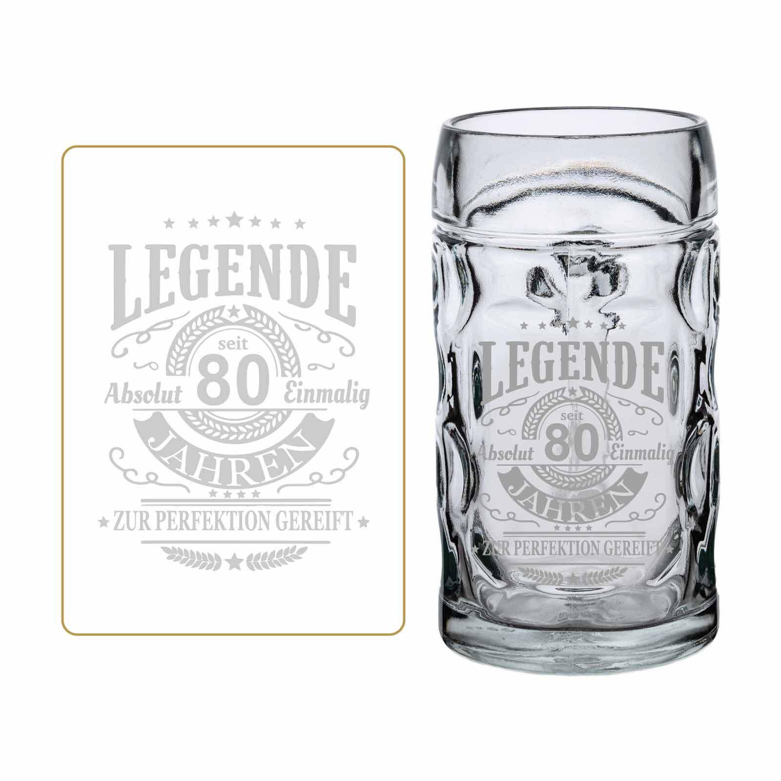 BIERKRUG MIT GRAVUR Legende seit 80 Jahren transparent 0,5 Liter - Transparent, Glas (0.5L) - LUXENTU