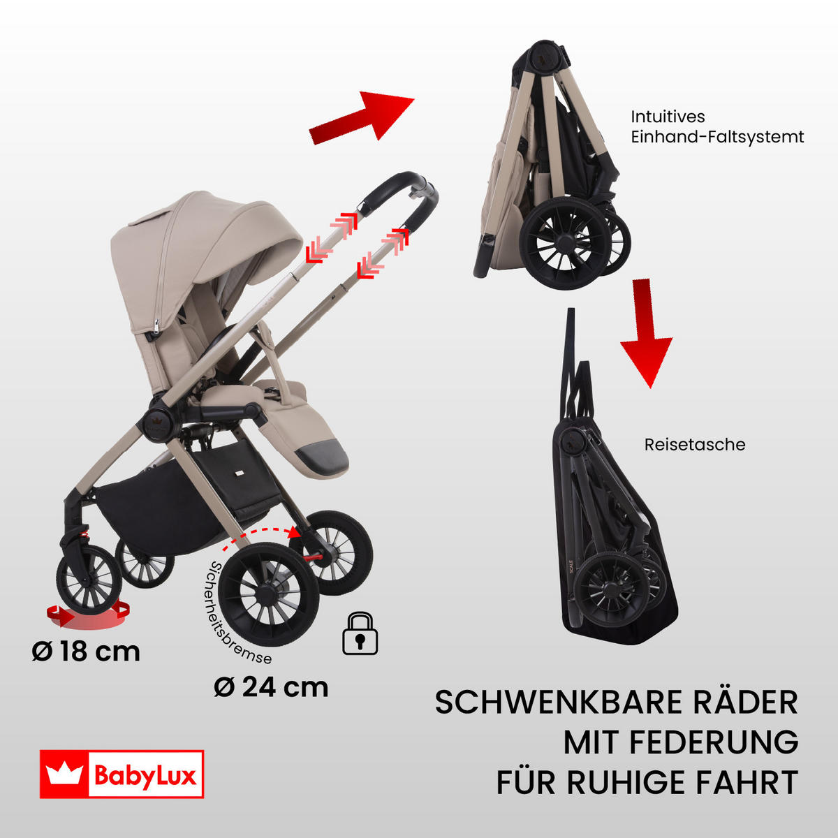 BUGGY Scale, Klein und Leicht, Teleskopische Führung, Kompakt Faltbar, Wickeltasche, Reisetasche - Beige/Schwarz, Textil/Metall (58/100cm) - BabyLux