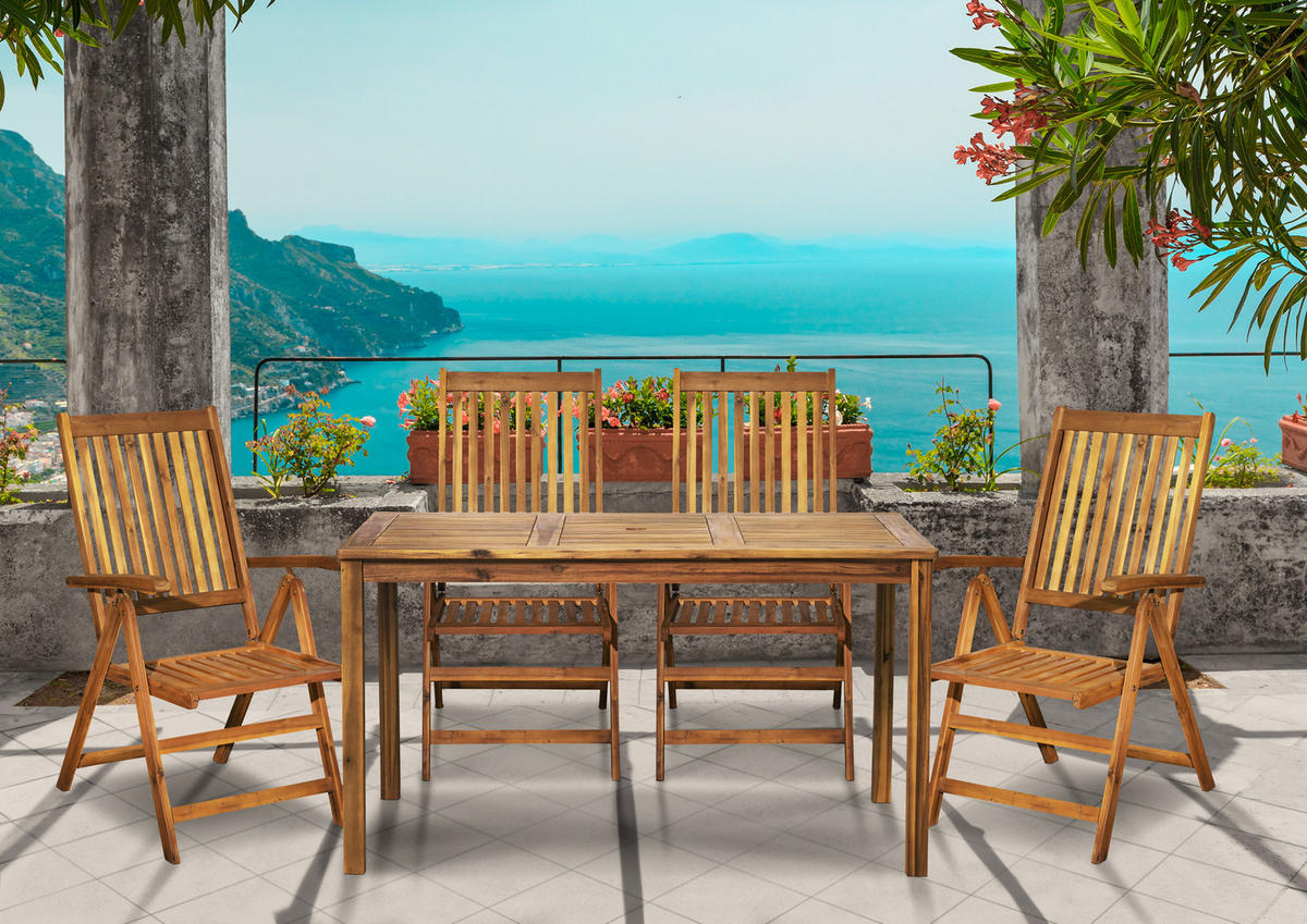 SITZGRUPPE Akana mit 4 Stühlen und 1 Tisch - 135x80 cm - Akazienholz geölt - Naturfarben, Holz - TPFGarden