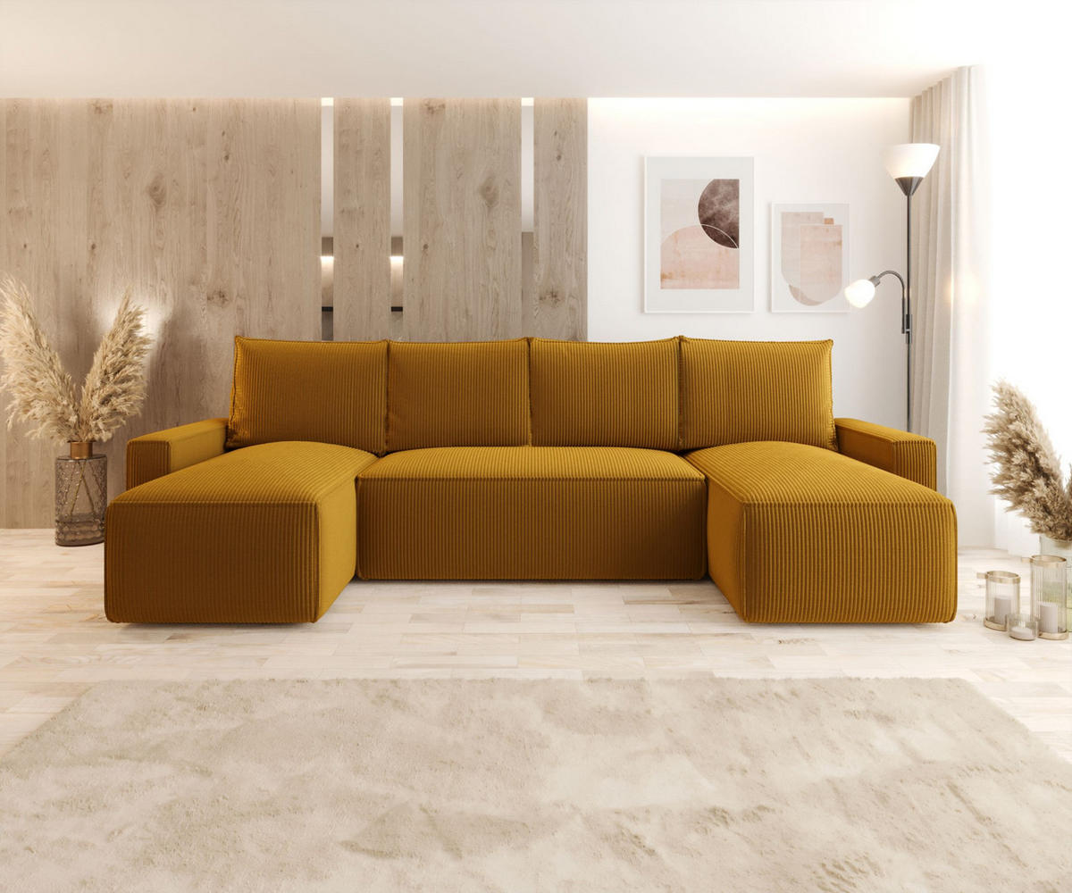 WOHNLANDSCHAFT mit Schlaffunktion SAVIO U Poso 01 - Currygelb, Textil (300/75/140cm) - Bedante